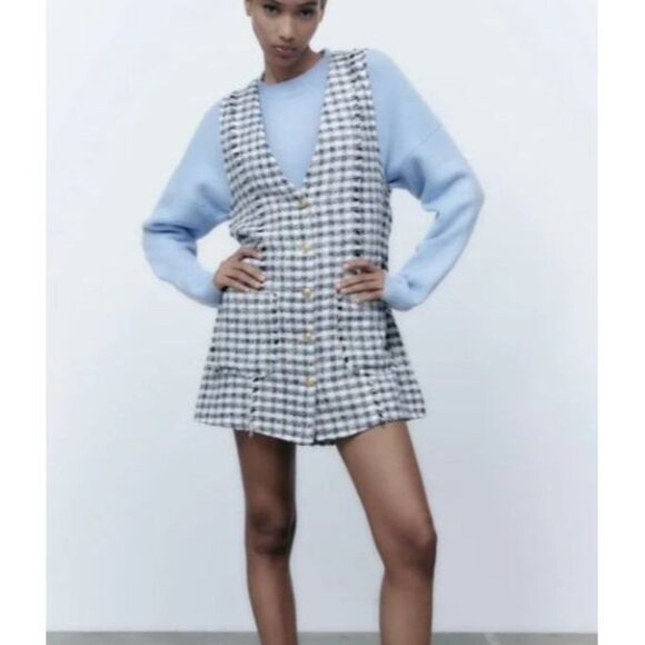 ZARA Textured tweed Mini Dress Size Medium Blue Black Preppy School Girl Fall - Picture 1 of 8